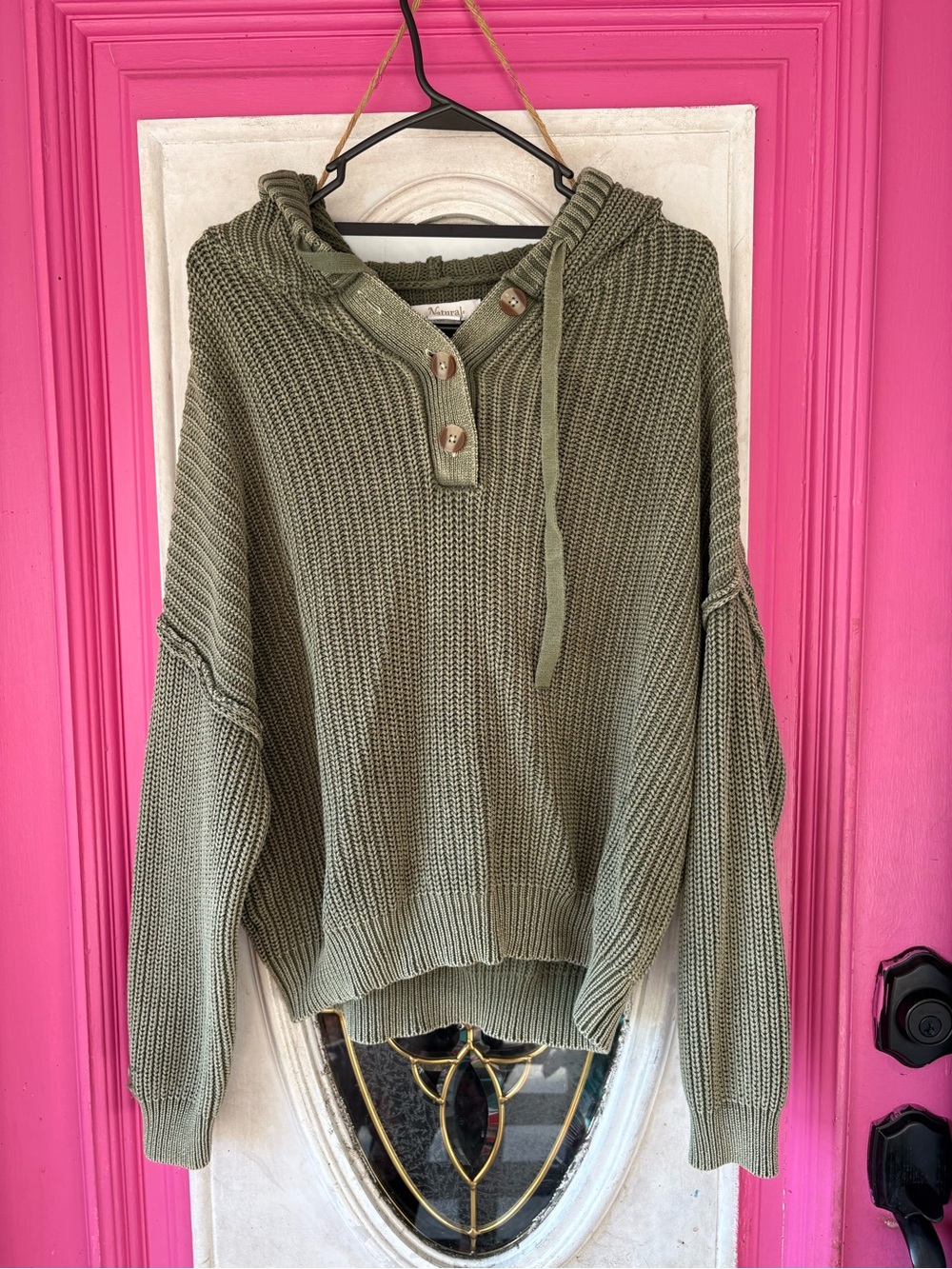Natural Reflections Olive Green Hooded Henley Knit Sweater